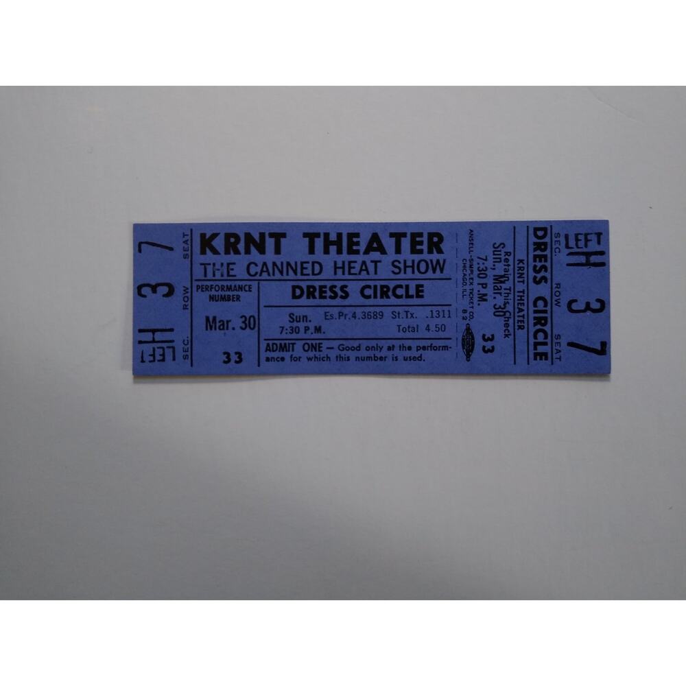 Vintage Canned Heat Concert Ticket Stub KRNT Theater Mar 30 Music Memorabilia
